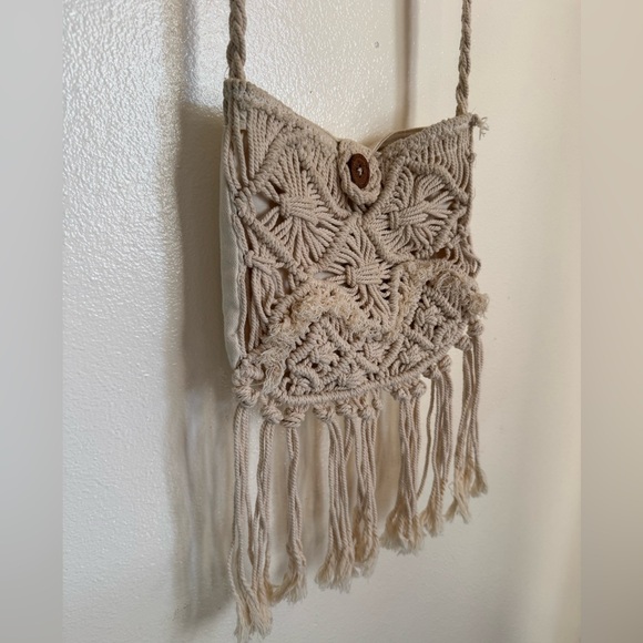 Billabong Cream Macrame Crossbody Bag – Boho Crochet Fringe Purse 100% Cotton - Picture 3 of 11